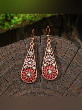 Copper Teardrop Floral Earrings - Red and Pink